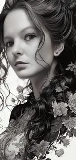 Artistic floral portrait in black and white with intricate detailing.