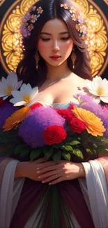 Elegant portrait of woman with vibrant floral bouquet.