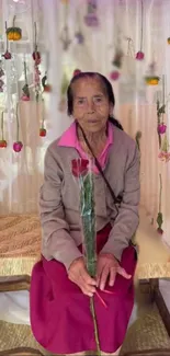 Seated elderly lady with floral backdrop.