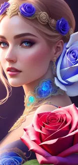 Elegant floral portrait with roses and jewelry.