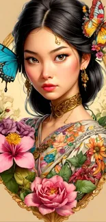 Elegant portrait with butterflies and flowers, artistic wallpaper design.