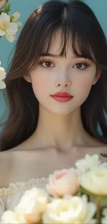 Elegant portrait of a woman with flowers.