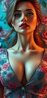 Elegant woman with floral dress on wallpaper
