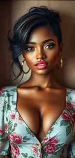 Portrait of a model in a floral dress framed elegantly.