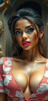 Elegant woman with floral dress in vibrant colors, perfectly poised.