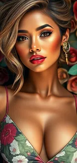 Elegant woman with floral background wallpaper.