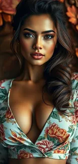 Elegant floral portrait of a model in a vibrant top.