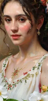 Digital painting of a woman with floral adornment on vintage wallpaper.