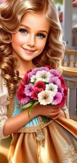 Young girl with flowers in elegant portrait wallpaper.