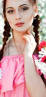 Young woman in pink with braided hair and floral accents.