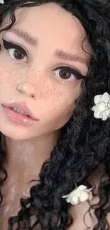 Elegant portrait of a freckled face with black curls and white flowers.