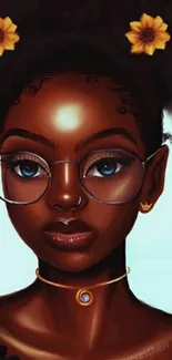 Brown-skinned digital portrait with floral accents and glasses.