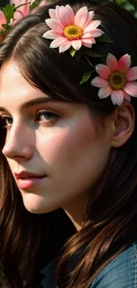 Elegant portrait of woman with pink flowers in hair.