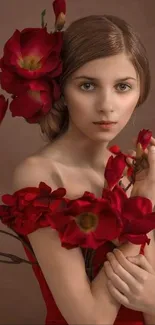 Portrait with red flowers and brown background.