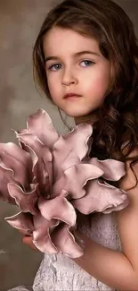 Young girl holds a large blush flower in elegant portrait.