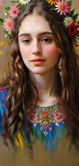 Artistic floral portrait of a woman wearing a colorful flower crown.