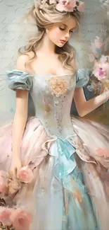 Elegant floral princess in pastel gown.