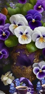 Elegant purple and white floral arrangement with cups.