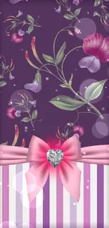 Purple wallpaper with floral design and pink bow accent.