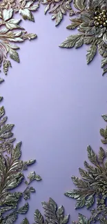 Ornate floral wallpaper with purple and silver leaves.