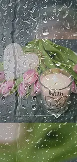 Mobile wallpaper with pink tulips, candle, and raindrop-covered glass.