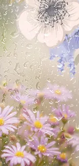 Floral wallpaper with purple daisies and raindrop effect for mobile.