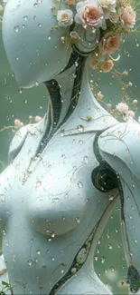 Futuristic floral robot with raindrops in a serene setting.