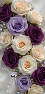 Purple and white roses wallpaper with elegant design.