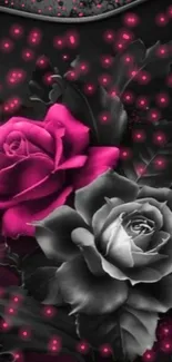 Elegant floral wallpaper with pink and grayscale roses.