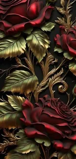 Intricate red roses with detailed leaves on dark background.