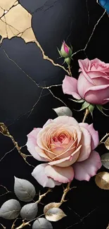 Elegant floral art with roses and gold accents on a dark background.