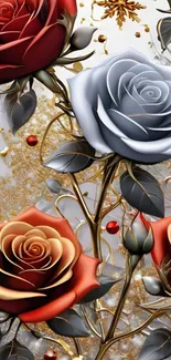 Elegant wallpaper with red and gray roses adorned with gold accents.