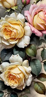 Elegant bouquet of yellow and pink roses in artistic style.