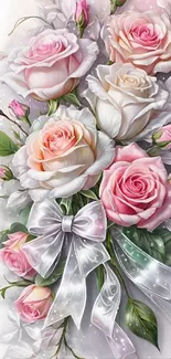 Elegant mobile wallpaper with floral rose bouquet and satin ribbon.