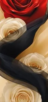 Elegant arrangement of red and white roses with black sheer fabric.