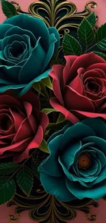 Elegant wallpaper showing red and teal roses with green leaves.
