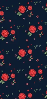 Elegant wallpaper with red roses on navy background.