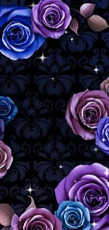 Elegant wallpaper with purple and blue roses on a dark background.