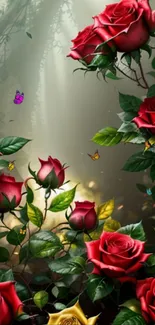 Vibrant red roses with butterflies and lush green leaves in a stunning floral wallpaper.