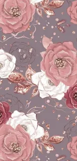 Elegant floral wallpaper with pink and white roses on mauve background.