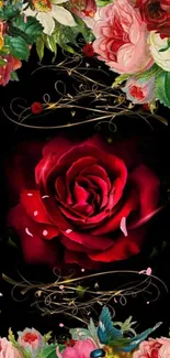 Elegant mobile wallpaper with red roses and colorful floral border.