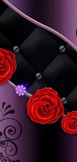 Elegant phone wallpaper with red roses and purple patterns.