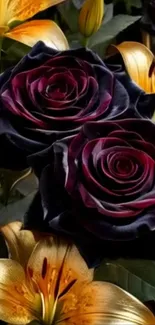 Dark red roses and golden lilies wallpaper.