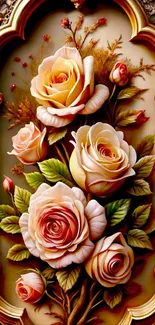 Elegant floral wallpaper with roses and golden frame.
