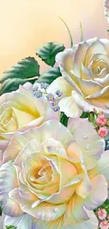 Elegant wallpaper with white roses and soft floral design.