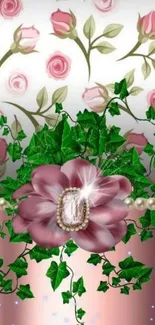 Elegant floral rose design with jewel and leaves.