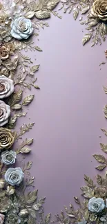 Elegant pink and gold floral rose wallpaper with intricate leaf design.