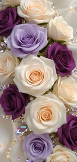 Elegant floral wallpaper with purple and white roses.