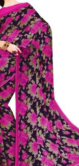 Elegant saree with pink floral pattern and magenta highlights.