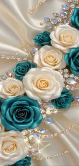 Elegant teal and white roses on satin wallpaper with jewel accents.